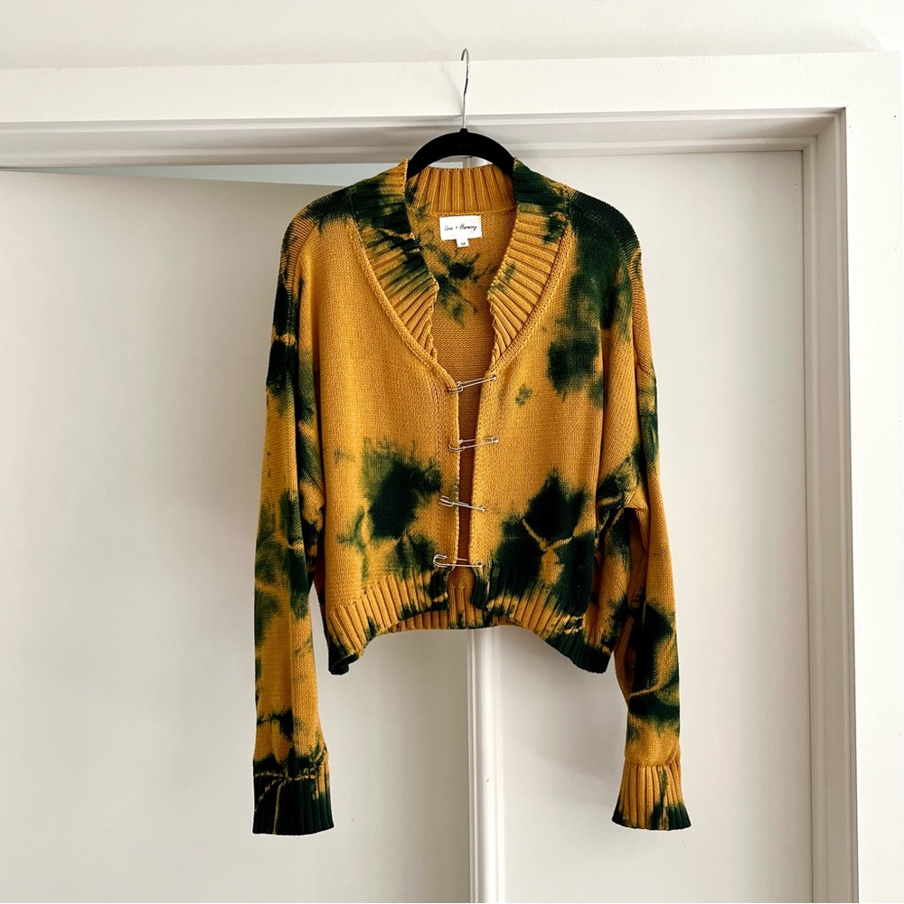 Love + Harmony yellow & green tie dye cardigan with large safety pin closure